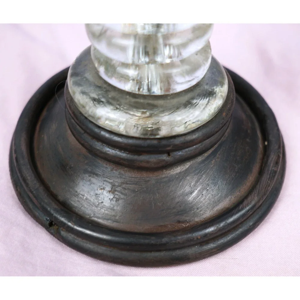 Clear Glass Beads & Dark Metal footed distressed pillar candle holder 12